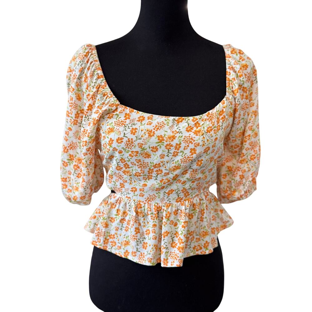 New LUSH NORDSTROM Women's Puff Sleeve Ruffle Hem Tie-Back Floral Blouse Size S